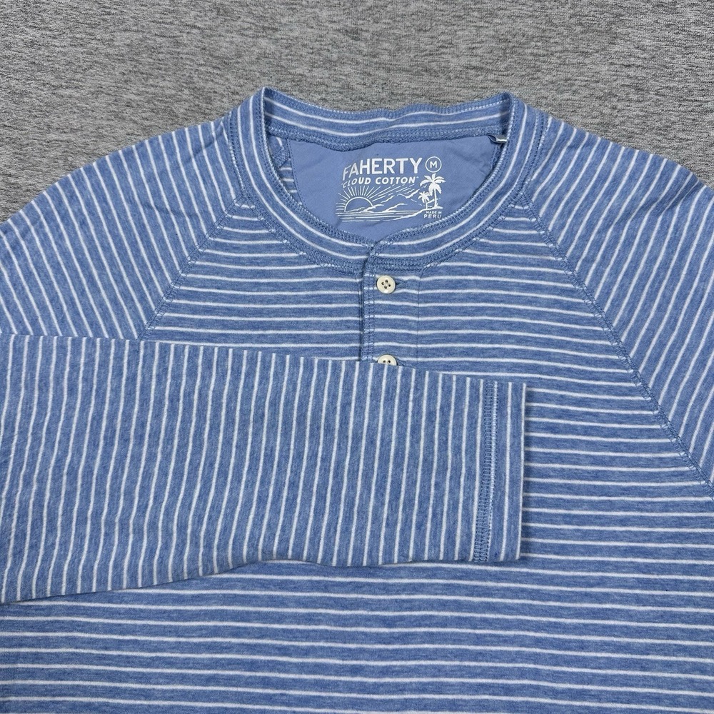 Faherty Shirt Mens Medium Blue Striped Cloud Cotton Henley Long Sleeve Preppy